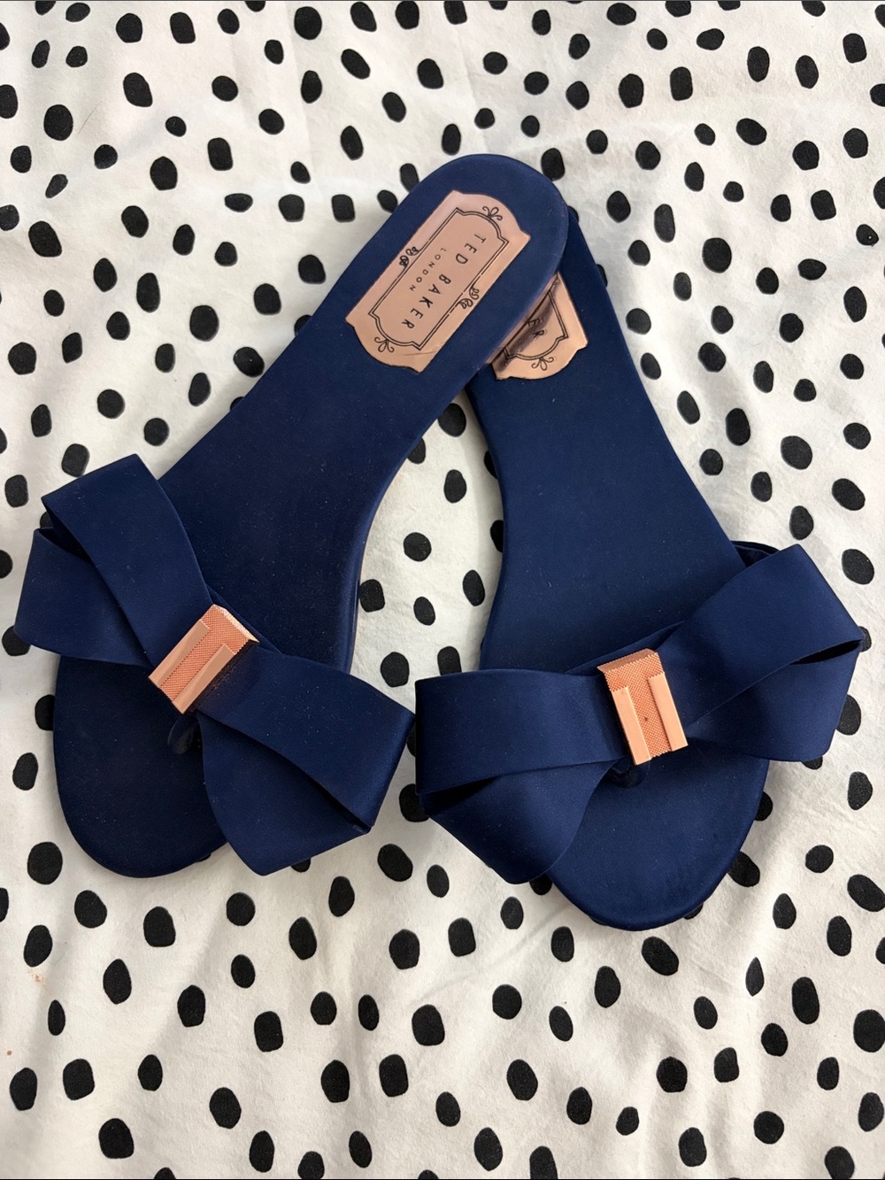 Ted Baker London Navy Slide Sandals with Rose-Gold Accent